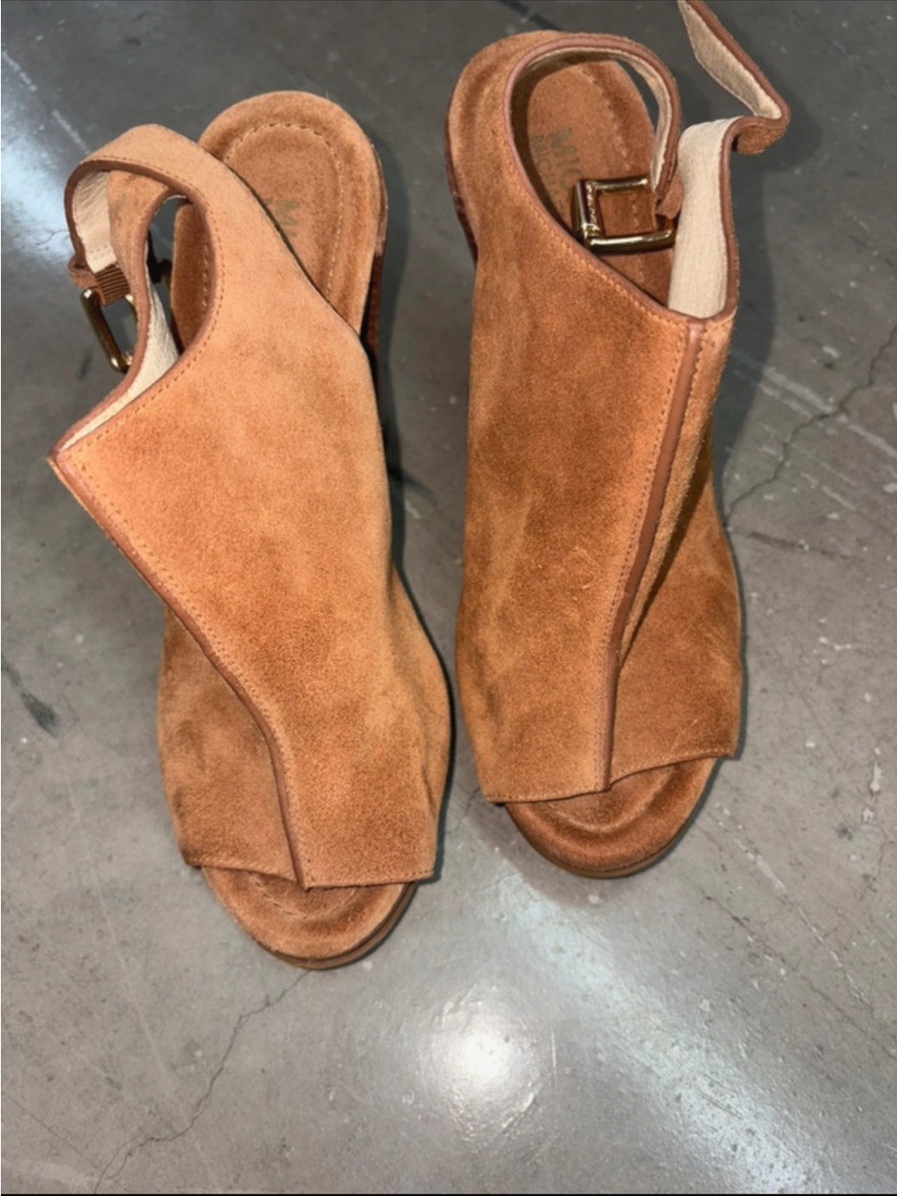 Michael Kors Suede Open-Toe Slingback Wedge Sandals - Cognac